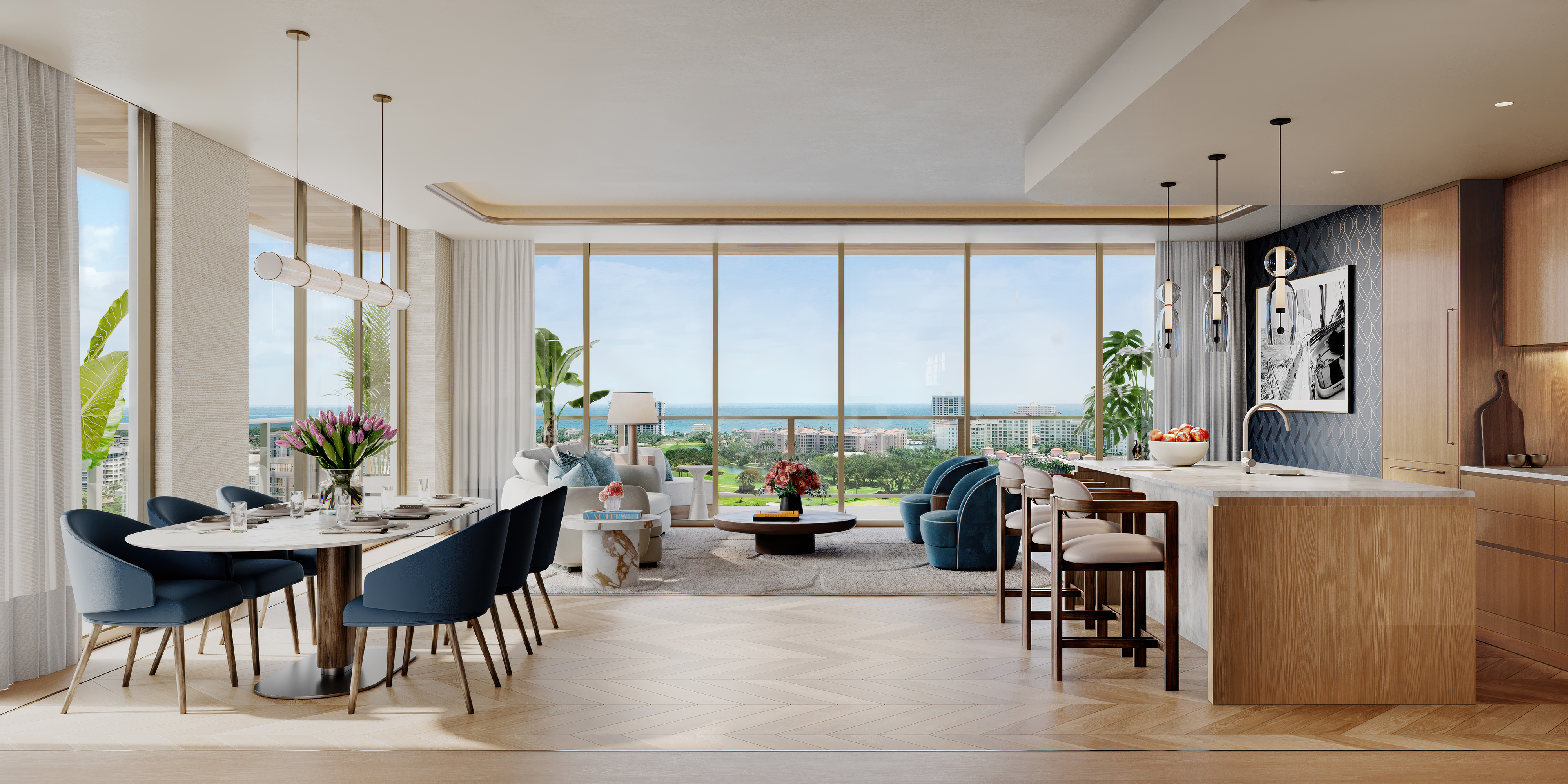 Mr. C Residences Boca Raton Living room, dinning room and kitchen
