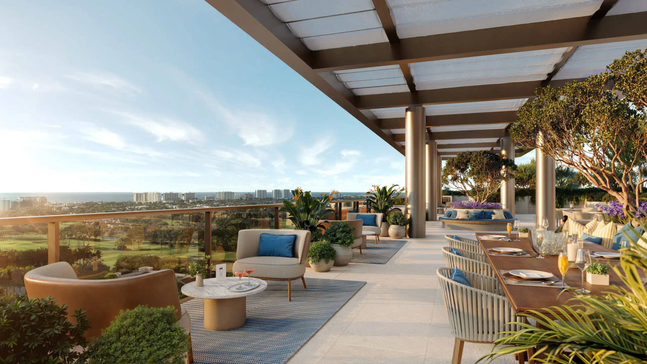 Rooftop terrace dining table overlooking a golf course at Bellini Restaurant in Boca Raton, FL.