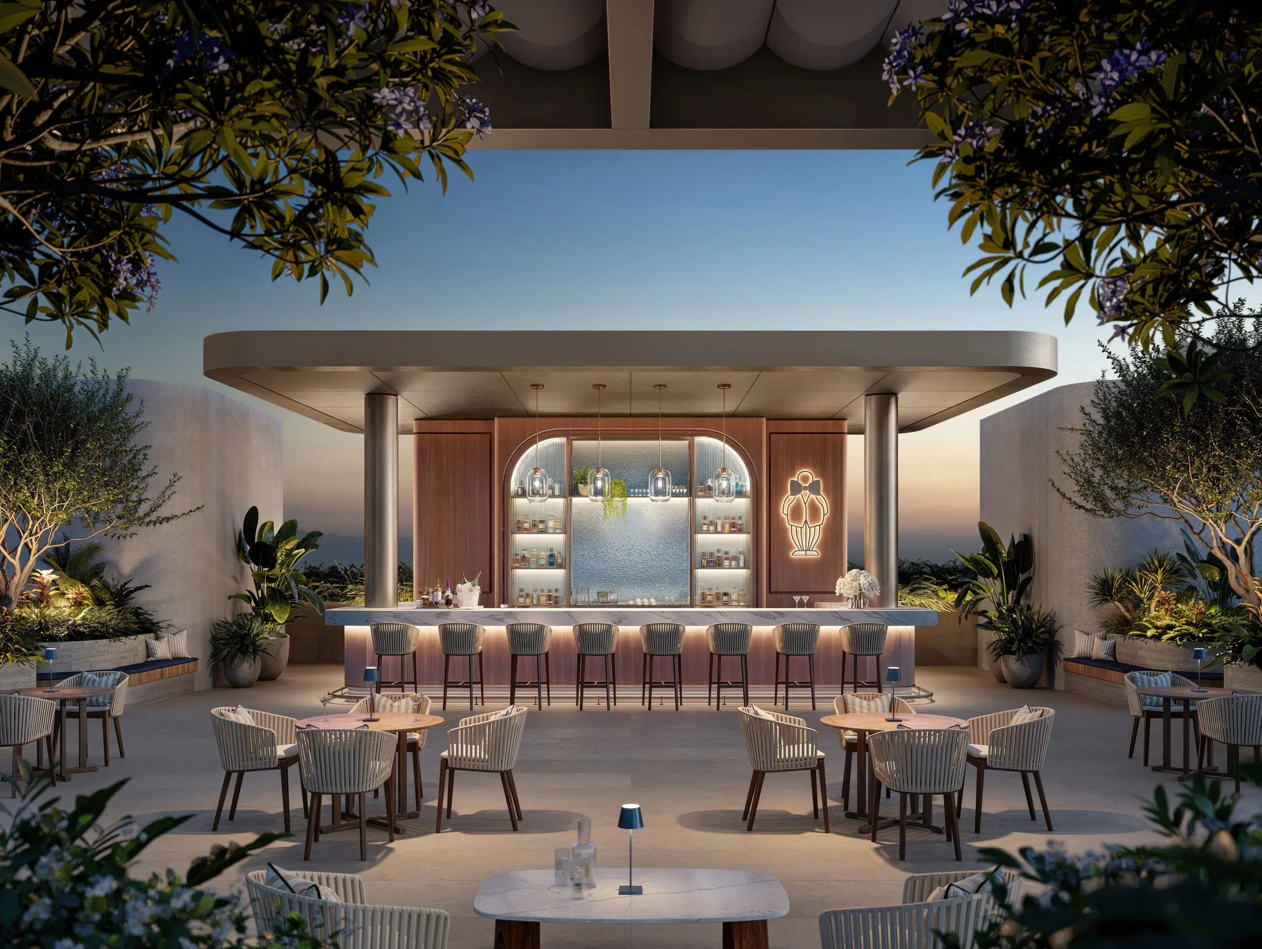 Rooftop bar with circular counter and outdoor seating at Mr. C Residences Boca Raton.