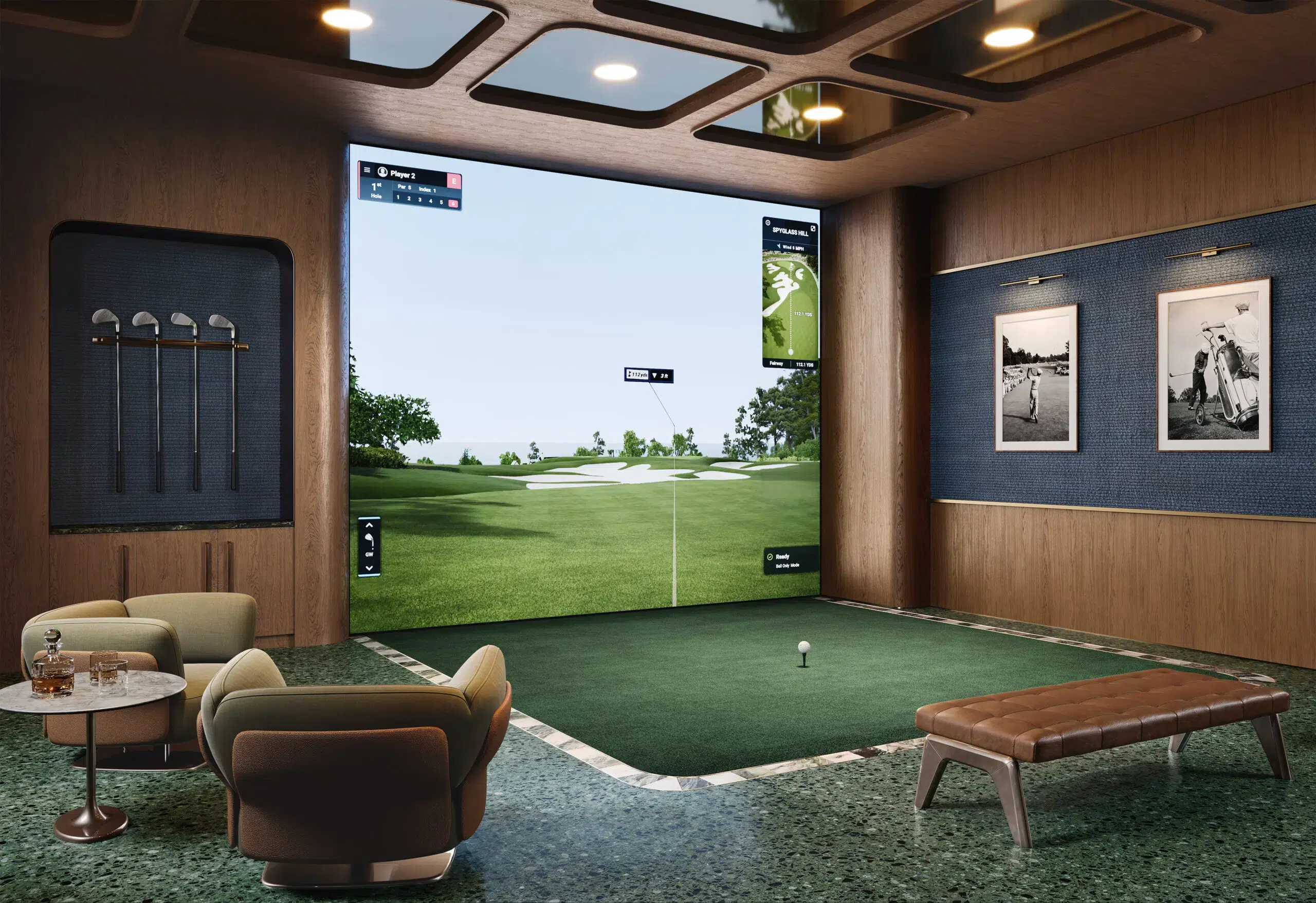 Indoor golf simulator room with leather seating at Mr. C Boca Raton.