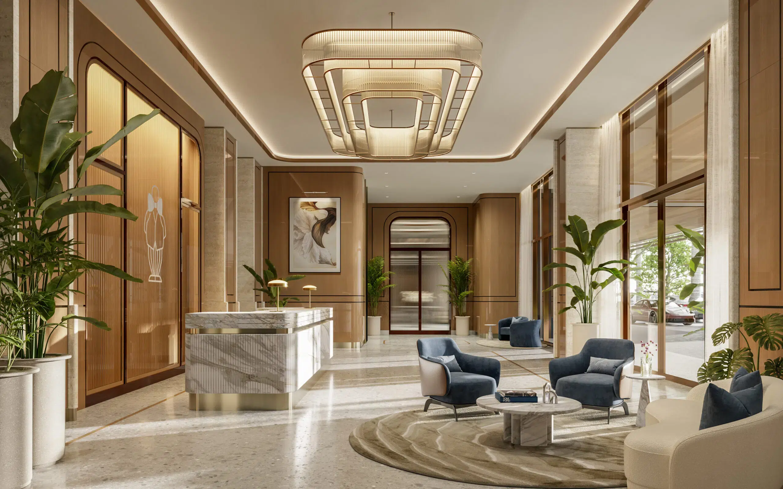 Modern lobby with a marble reception desk at Mr. C Boca Raton condominium building
