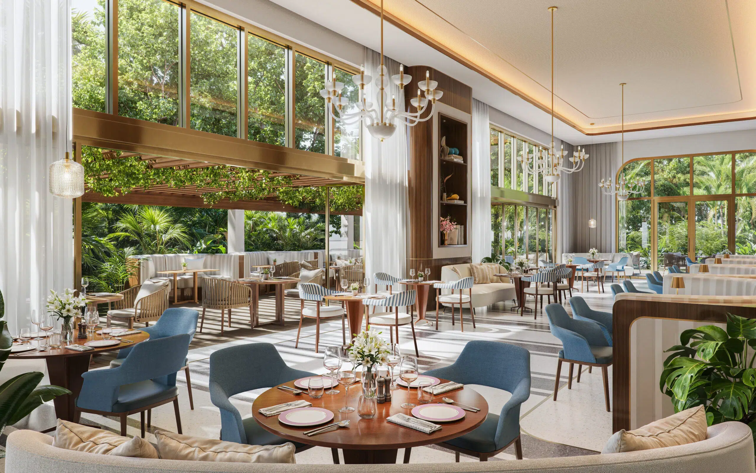 Bellini Restaurant dining room with blue armchairs at Mr. C Boca Raton luxury condos.