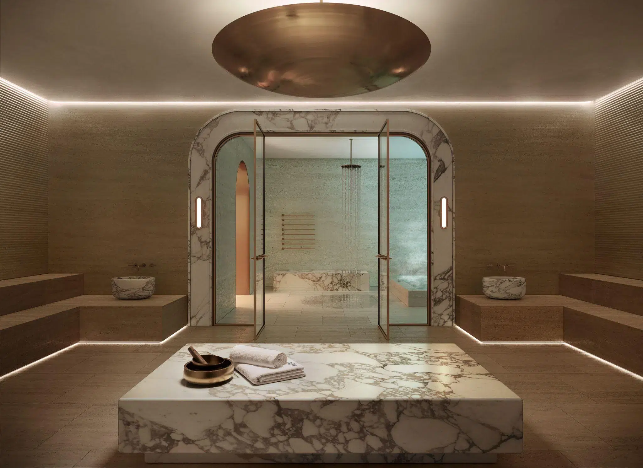 Spa interior with marble massage table at Mr. C Residences in Boca Raton.